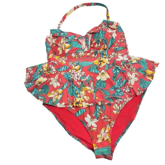 FOREVER 21 + TUMMY CONTROL RUFFLE TROPICAL FLORAL HALTER ONE PIECE SWIMSUIT 1X - Picture 1 of 7
